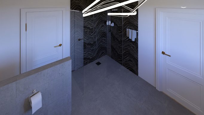 Moderne Badezimmeransicht mit Glasduschkabine und eleganter Beleuchtung.