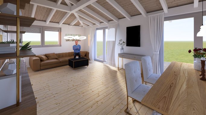 Helles Wohnzimmer mit Sofa, Tisch, Stühlen und großen Fenstern, die auf eine Wiese blicken.