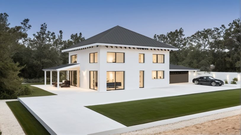 Modernes, zweigeschossiges Haus mit weißer Fassade und breiter Auffahrt, umgeben von Bäumen.