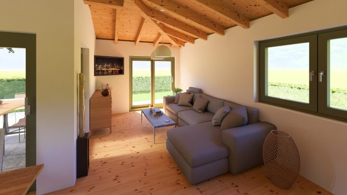Helles Wohnzimmer mit Sofa, Holzdecke und Blick auf eine grüne Landschaft.