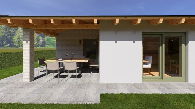 Moderne Terrasse mit Esstisch und Stühlen, angrenzend an ein helles Gebäude.