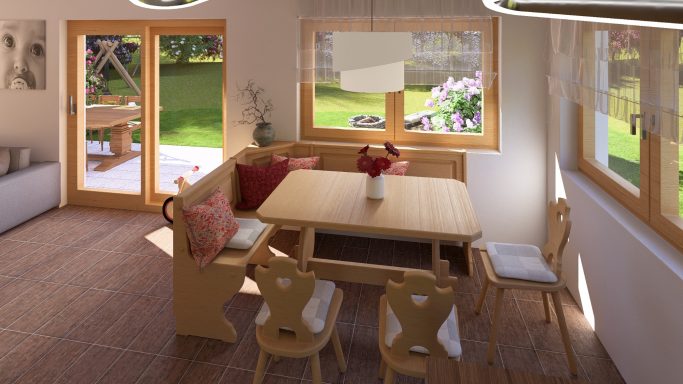 Heller Essbereich mit Tisch, Stühlen und Blick auf den Garten durch große Fenster.