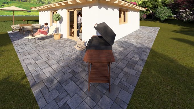 Moderne Gartenlandschaft mit einer Terrasse, einem Pavillon und einem angrenzenden Haus.