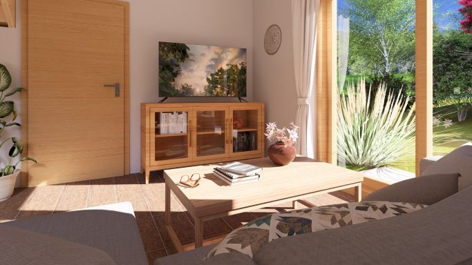 Helles Wohnzimmer mit TV, Holzregal, Pflanzen und Blick auf einen Garten.