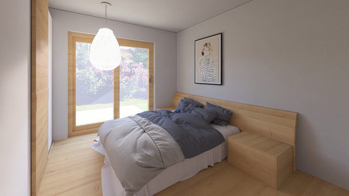 Helles Schlafzimmer mit einem großen Bett und Fensteröffnung zum Garten.