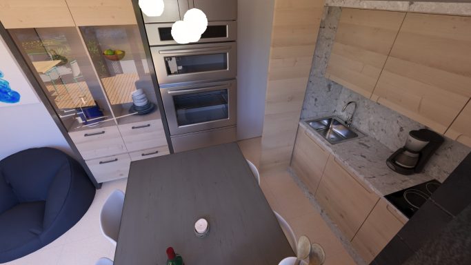 Moderne Küche mit Holzschränken, Edelstahlgeräten und einem Esstisch.