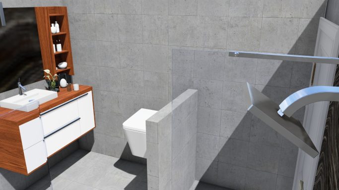 Modernes Badezimmer mit Waschtisch, Spiegel, Toilette und minimalistischer Gestaltung.