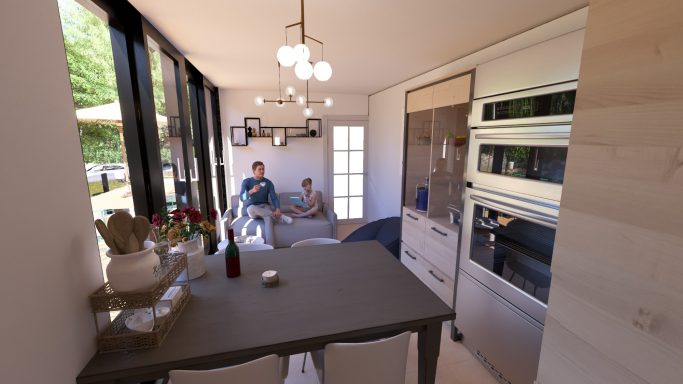 Moderne Küche mit Essbereich, Tisch, Stühlen und zwei Personen im Hintergrund.
