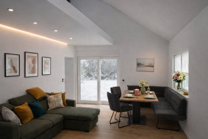 Gemütlicher Wohnbereich mit grüner Couch, Esstisch und Blick auf einen schneebedeckten Außenbereich.