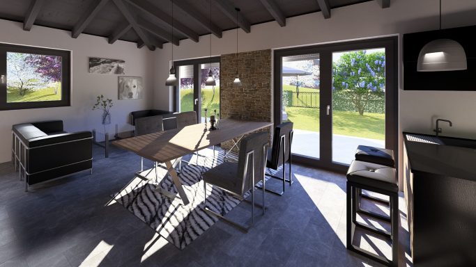 Moderne Wohnküche mit Tisch, Stühlen und großen Fenstern, die Licht und Gartenblick bieten.
