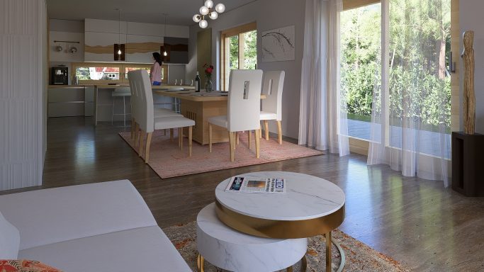 Helles, modernes Wohnzimmer mit Essbereich und großen Fenstern zur Natur.