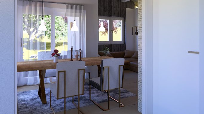 Heller Wohnraum mit Essbereich, großer Fensterfront und moderner Einrichtung.