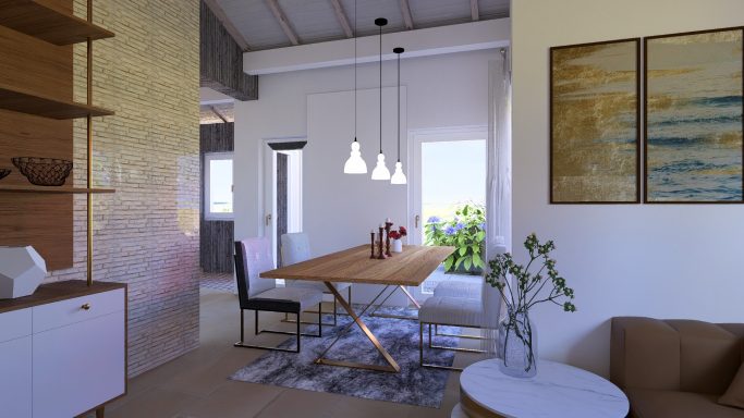 Heller Wohnraum mit Essbereich, Holzstuhl und moderner Dekoration auf dem Tisch.