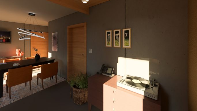 Moderne Wohnung mit einem Plattenspieler, Wandbildern und Wohnzimmermöbel.