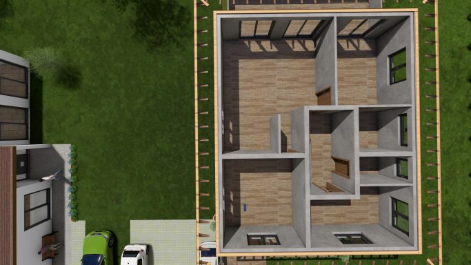 Grundriss eines Hauses mit Wohnräumen und Fenstern, umgeben von Rasen.