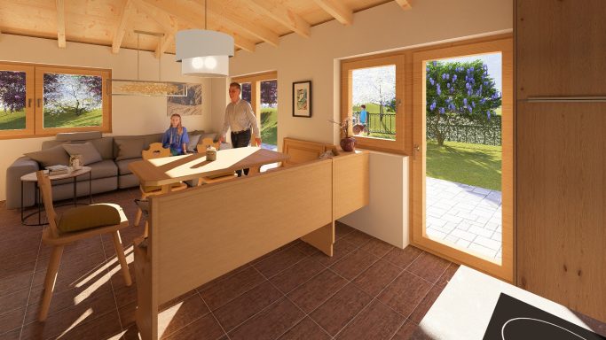 Helle, moderne Wohnküche mit Blick ins Freie und Tischrunde mit zwei Personen.