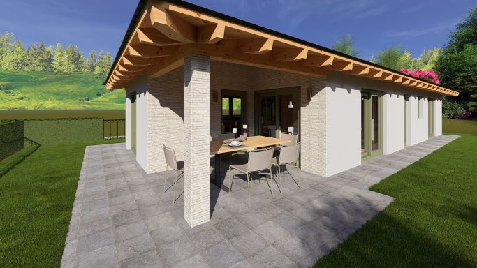 Moderner Bungalow mit überdachter Terrasse, Natursteinfassade und Holzsparren – gemütliches Wohnen mit direktem Zugang zum Garten
