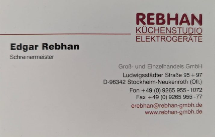 Visitenkarte von Edgar Rebhan, Schreinermeister, mit Kontaktdaten und Firmenlogo.