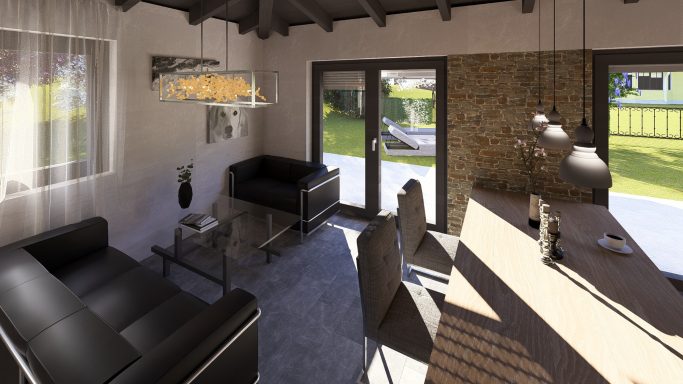 Modernes Wohnzimmer mit schwarzem Sofa, Holztisch und großer Fensterfront.