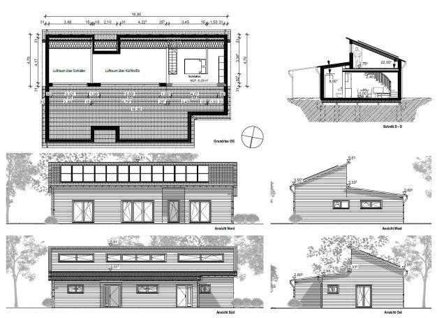 Architektonische Pläne eines modernen Einfamilienhauses mit verschiedenen Ansichten und Grundriss.