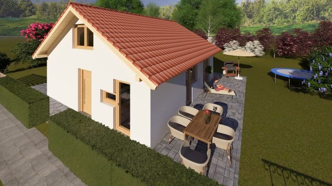 Einfamilienhaus mit rotem Dach, Terrasse und Gartentisch in einer grünen Umgebung.