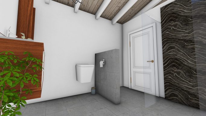 Moderne Badezimmeransicht mit WC, Tür und Pflanze in neutralen Farben.