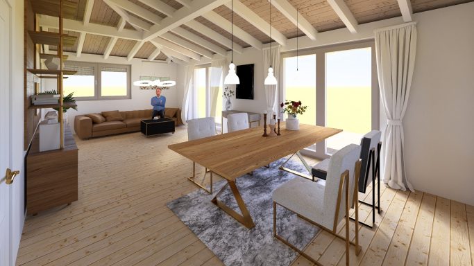 Helle Wohnküche mit Holztisch, Stühlen, Sofa und großen Fenstern.