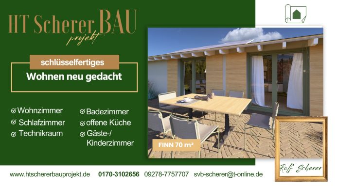 Werbebanner von HT Scherer BAUprojekt: Schlüsselfertiger Bungalow FINN mit 70 m² Wohnfläche,  moderner Holzfassade und Terrasse