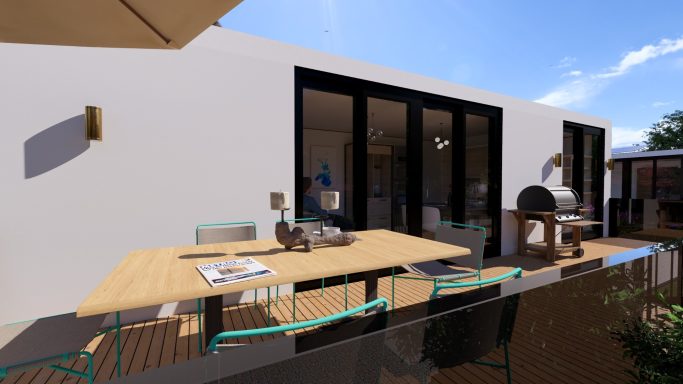 Moderne Terrasse mit großem Tisch, Stühlen, Grill und Blick auf den Himmel.