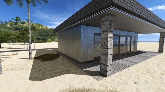 Modernes Strandhaus mit überdachter Holzterrasse, Flachdach und Natursteinpfeilern – energieeffizienter Bungalow in exklusiver Lage am Meer