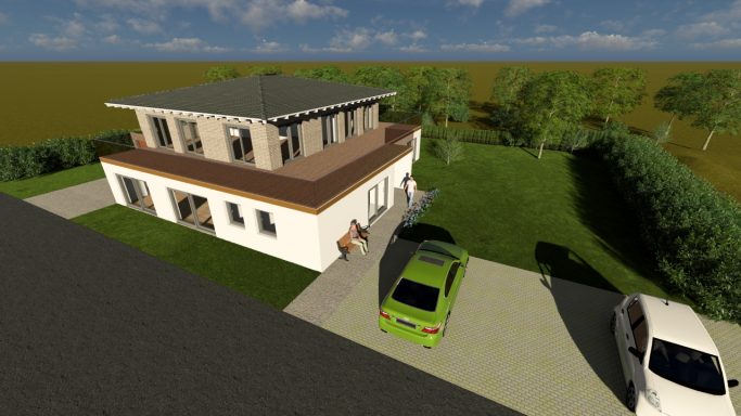 Moderne zweigeschossige Wohnhaus mit Garten und zwei geparkten Autos.