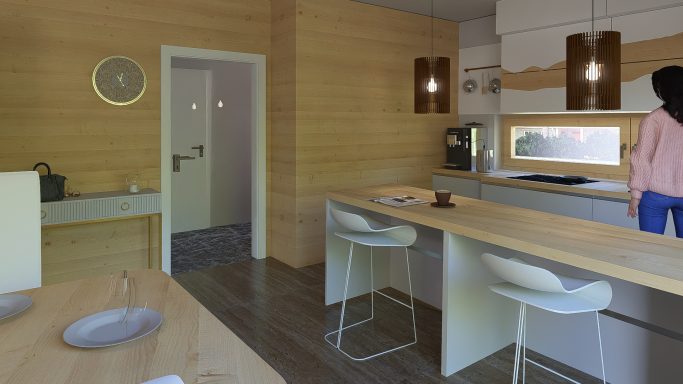 Moderne Küche mit Holzverkleidung, Essbereich und Zugang zu einem Flur.