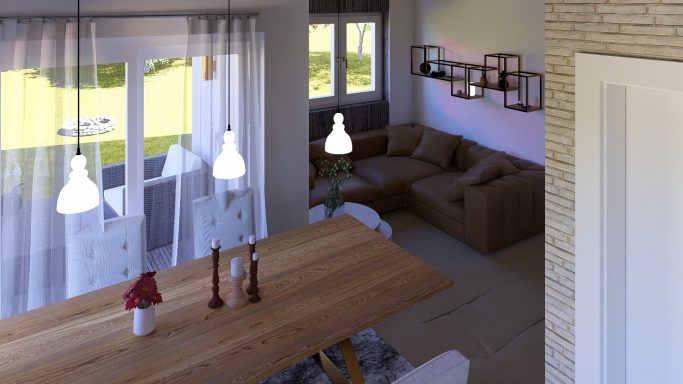 Moderne Wohnküche mit Esstisch, Sofabereich und großen Fenstern für Tageslicht.