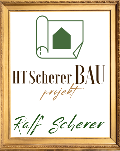 Firmenschild von HT Scherer BAUprojekt mit Logo, Anschrift in Guttenberg und Planersymbol – Bauunternehmen für Projektentwicklung, Hoch- und Tiefbau in Deutschland