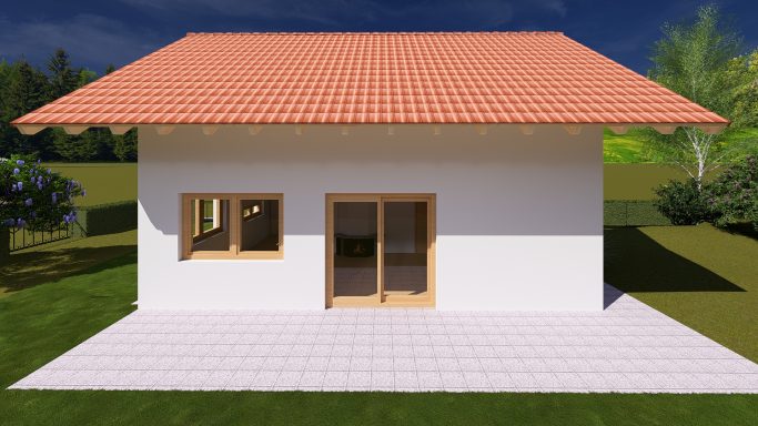 Ein modernes Haus mit rotem Dach und großen Fenstern in einer grünen Umgebung.