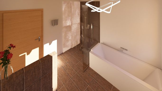 Heller Badezimmer mit Badewanne, offener Dusche und Holzdetails.