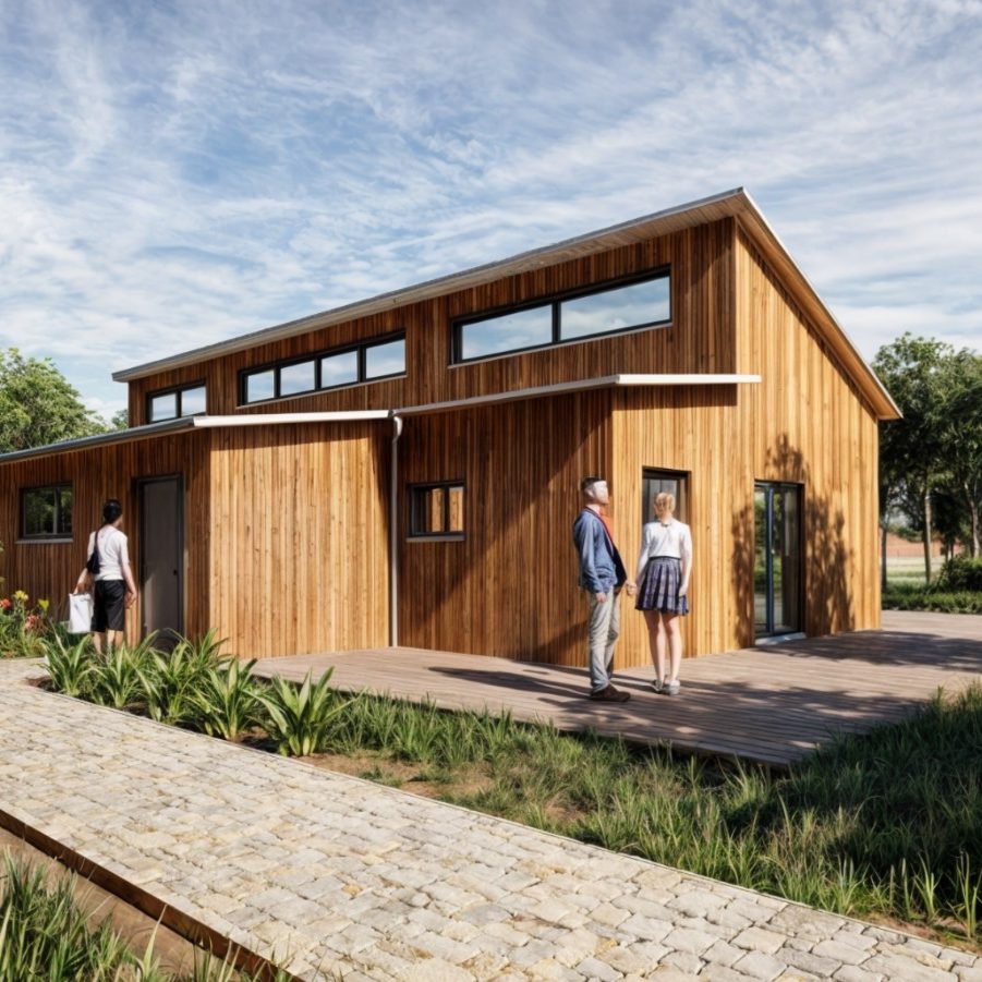 Holzhaus mit modernem Design, umgeben von Pflanzen und sonnigem Himmel.