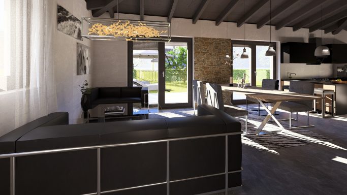 Modernes Wohn- und Esszimmer mit offener Raumgestaltung und großer Fensterfront.