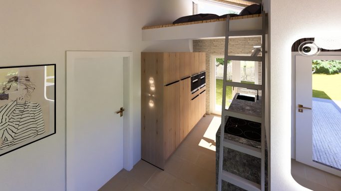 Moderne Küchenzeile und Treppe in einer hellen, minimalistischen Wohnung.