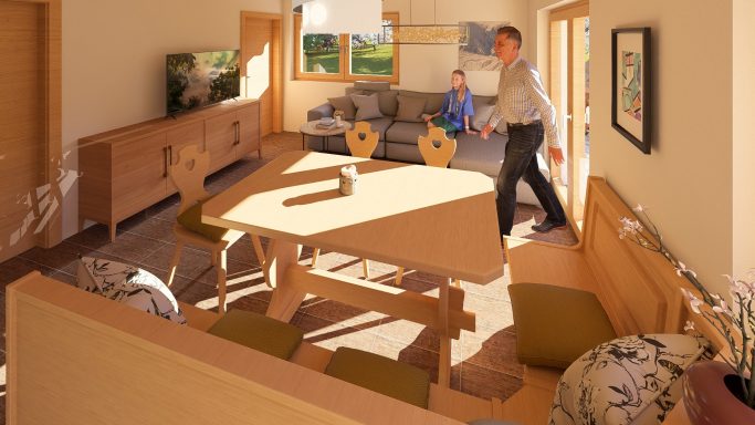 Helle, moderne Wohnküche mit Esstisch, Sofa und Fernseher, eine Person in Bewegung.