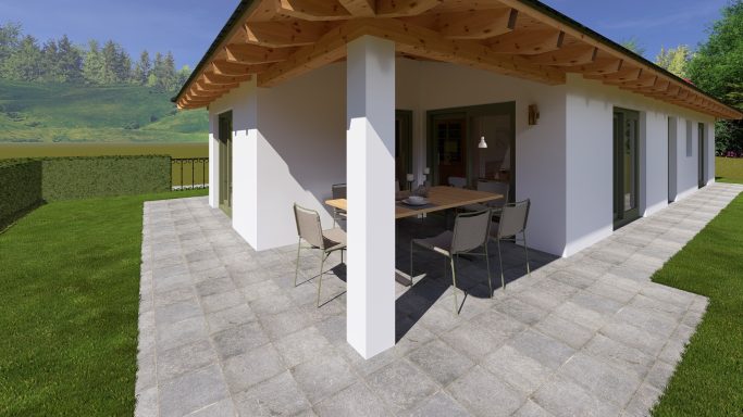 Moderne Terrasse mit Essbereich, umgeben von grünem Rasen und üppiger Landschaft.