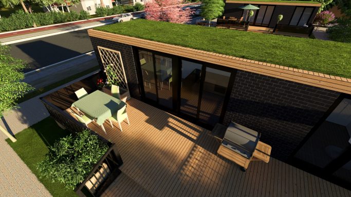 Nachhaltiger Bungalow mit begrünter Dachfläche, großer Holzterrasse, Grillbereich und Essplatz – moderne Architektur mit ökologischem Anspru
