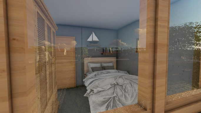 Modern Schlafzimmer mit Holzdetails, Bett und Fensterblick auf die Natur.