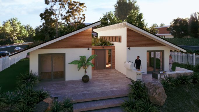Modernes Designhaus mit asymmetrischem Satteldach, Holz- und Putzfassade, großer Terrasse und hochwertiger Außengestaltung – Zweifamilienhau