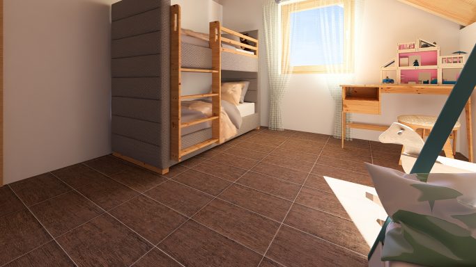 Helles Zimmer mit Etagenbett, Schreibtisch und Fenster.