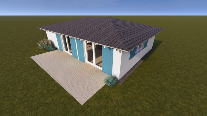 Moderne eingeschossige Wohnung mit blauen Fensterläden und Terrasse. Grüne Wiese im Hintergrund.