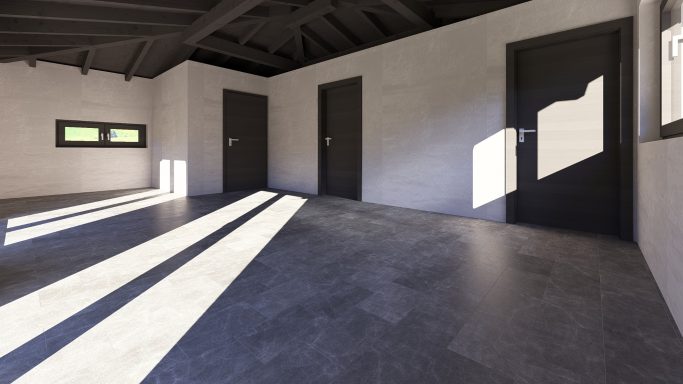 Helle, leere Innenräume mit drei Türen und langen Schatten auf dem Boden.