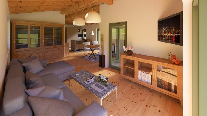 Modernes Wohnzimmer mit grauen Sofas, Holzmöbeln und großen Fenstern für viel Licht.