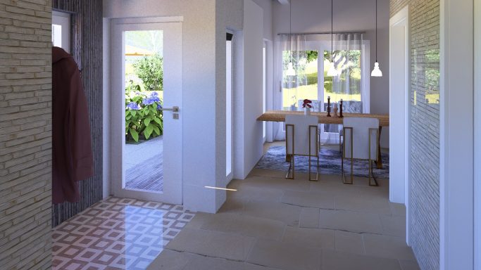 Heller Eingangsbereich mit Tisch, Stühlen und Blick auf den Garten.