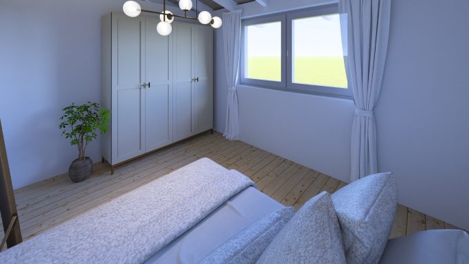 Helles Schlafzimmer mit Bett, Kleiderschrank und Fenster zur Aussicht ins Freie.